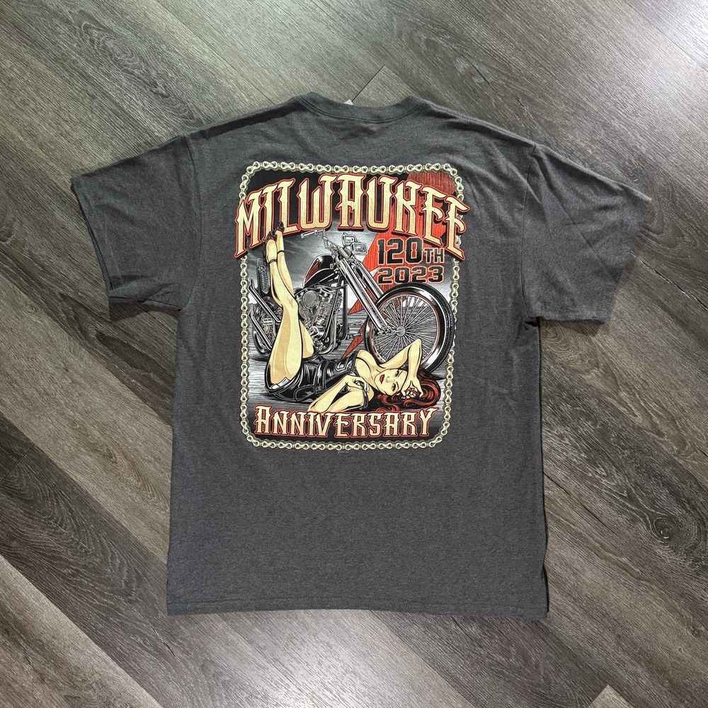 USA Biker Design Motorcycle T Shirt  Gray Shirt 120 Years Milwaukee 2008 Sz L